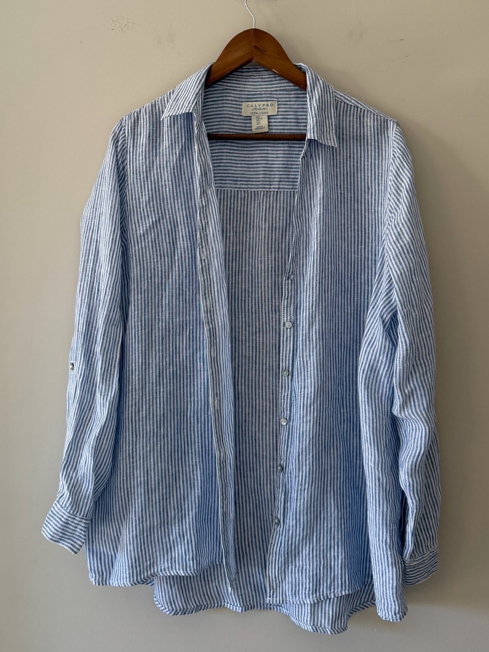 Calypso St. Barth Blue and White Striped 100% Linen Button-Down Shirt Size L
